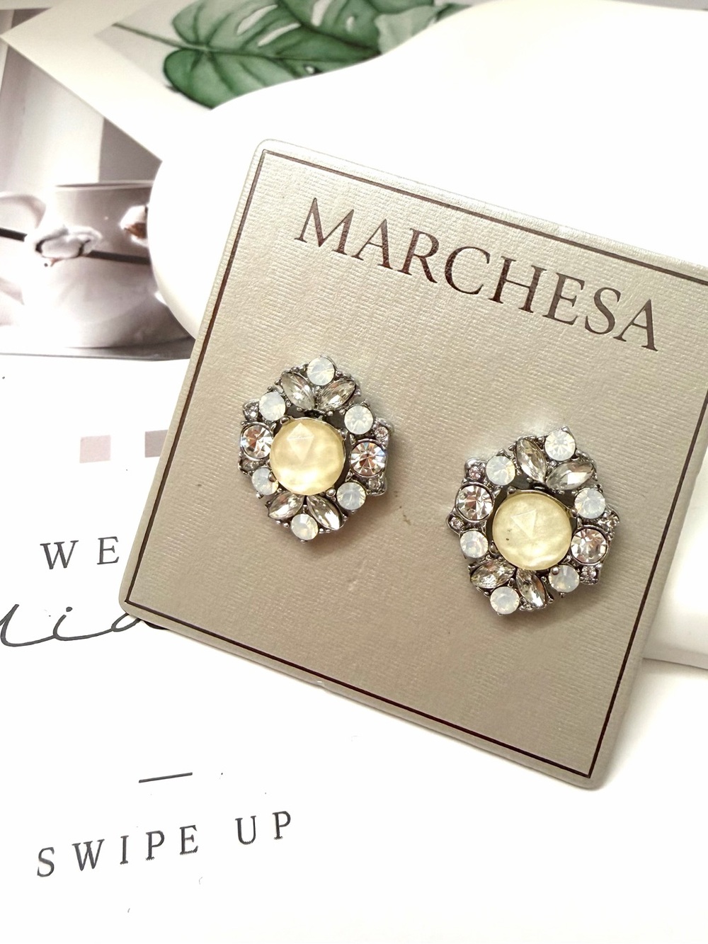 Marchesa Cream and Gold Crystal Floral Cluster Earrings